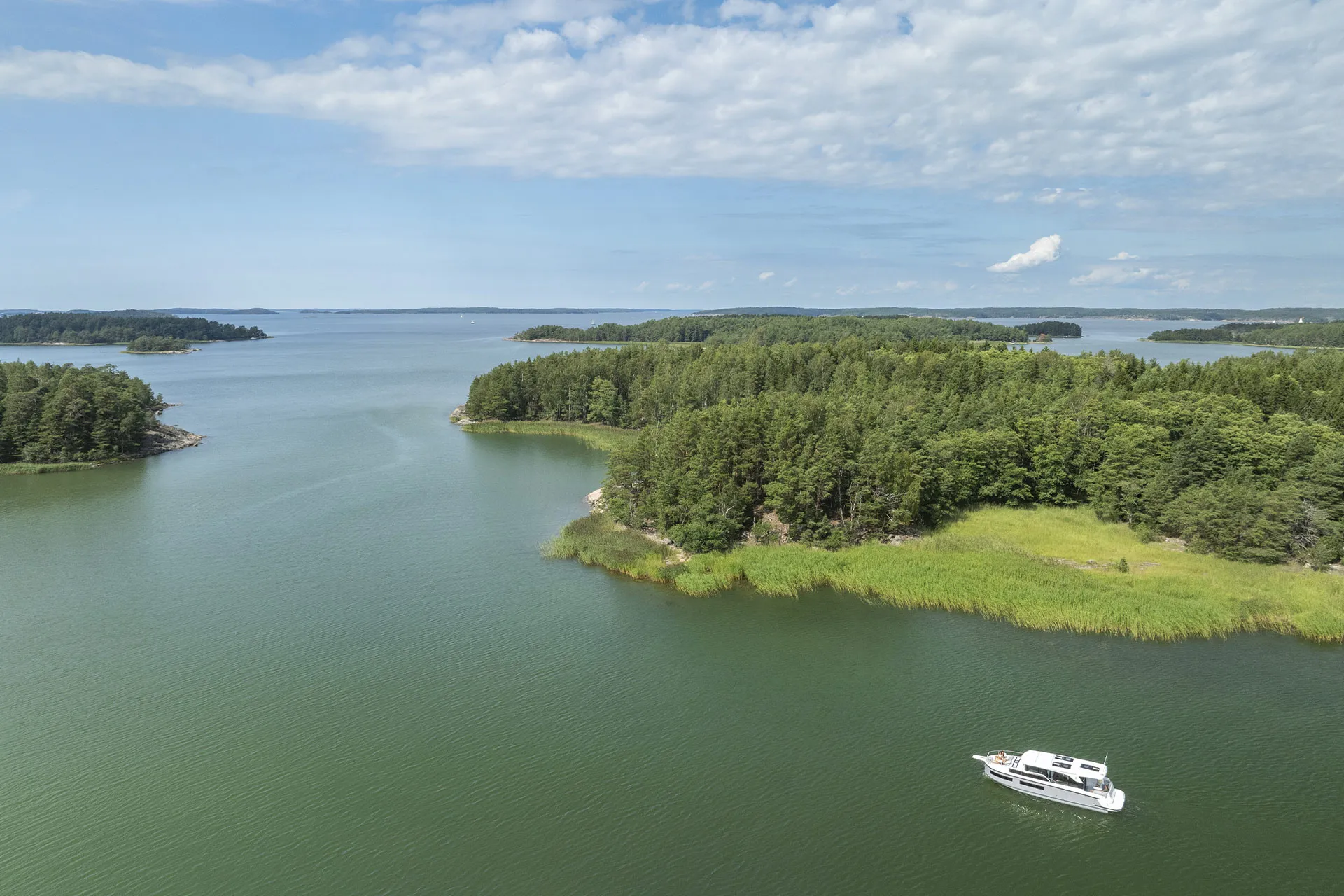 A Delphia cruising among wooded islands
