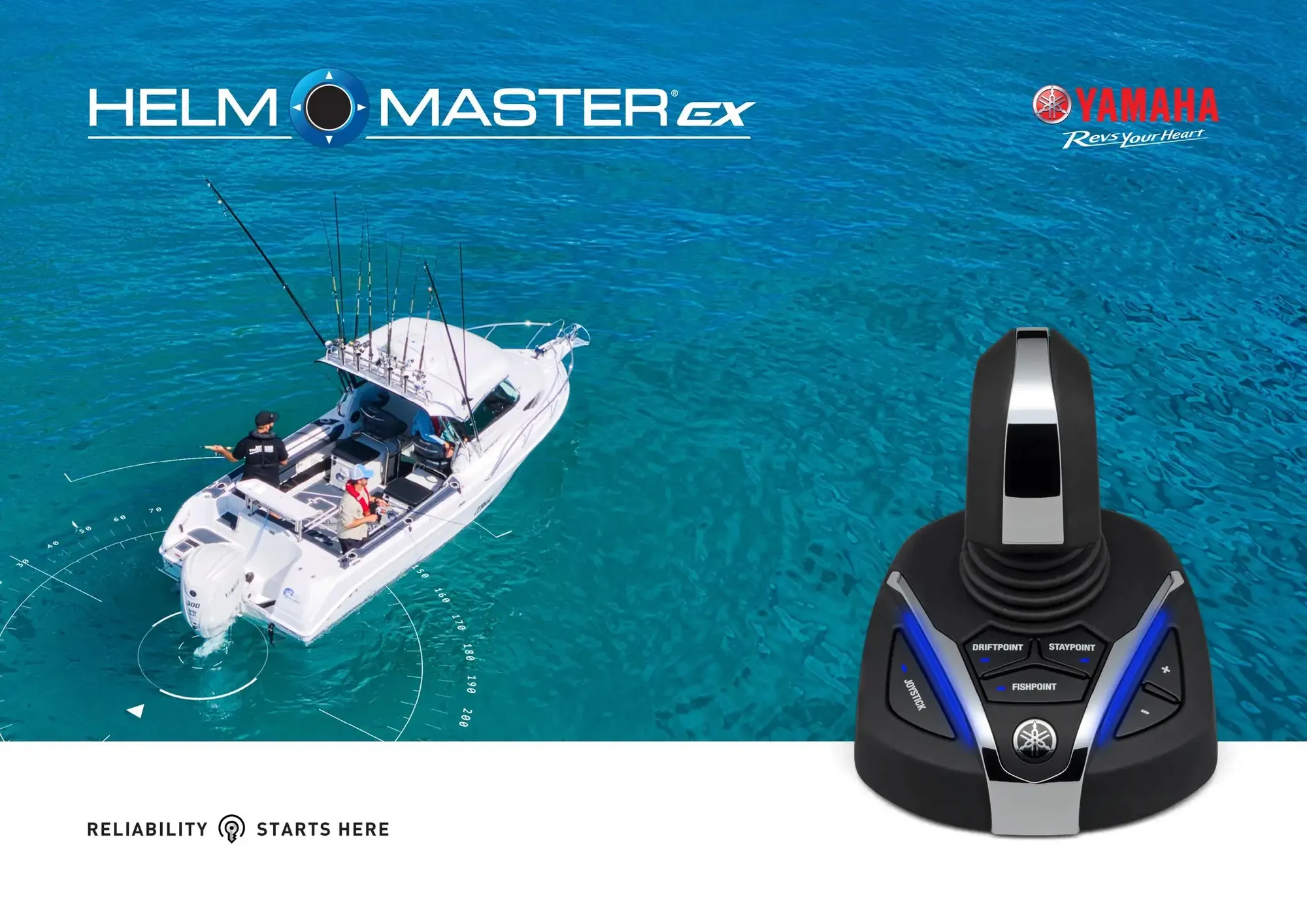 Yamaha Helm Master EX joystick with DriftPoint, StayPoint and FishPoint buttons beside a white outboard fishing boat at sea